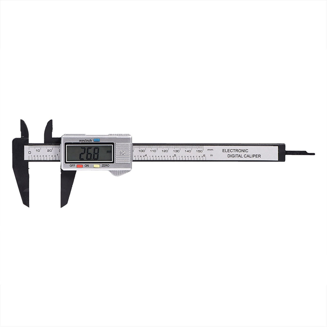 Silver digital caliper with extra-large LCD screen measuring inside, outside, depth, and steps, ideal for precise measurements.
