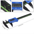 Digital caliper with large LCD screen for precise inside, outside, and depth measurements, blue color, safety accessory tool.