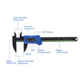 Digital caliper with blue body and large LCD screen for precise inside, outside, depth, and step measurements.
