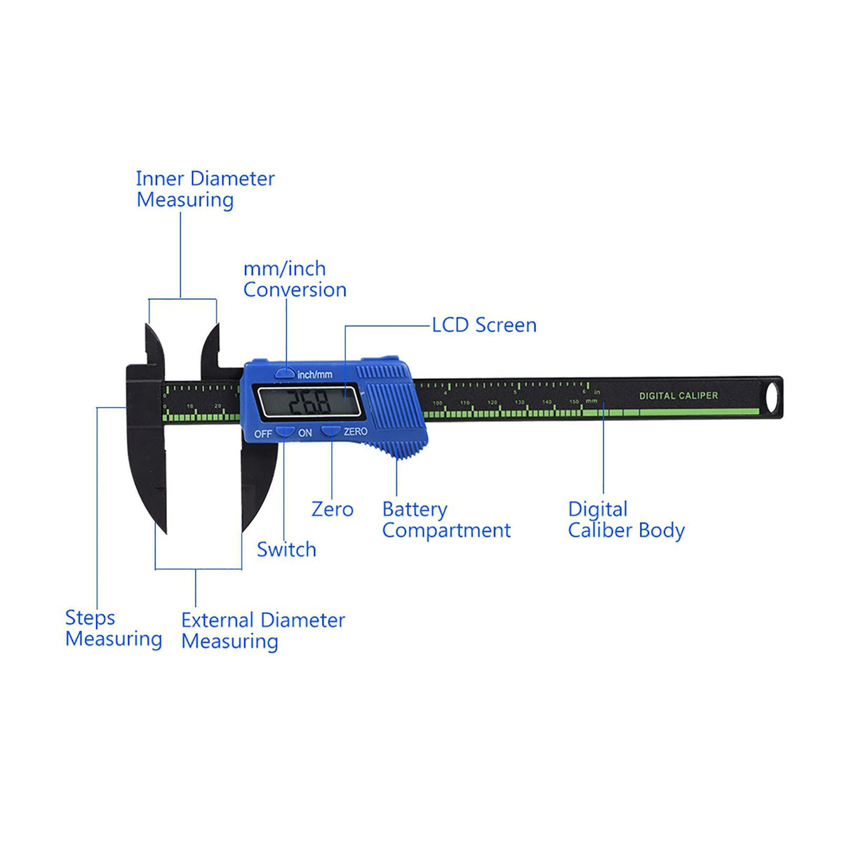 Digital caliper with blue body and large LCD screen for precise inside, outside, depth, and step measurements.