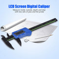 Digital caliper with large LCD screen in blue, used for precise inside, outside, depth, and step measurements.