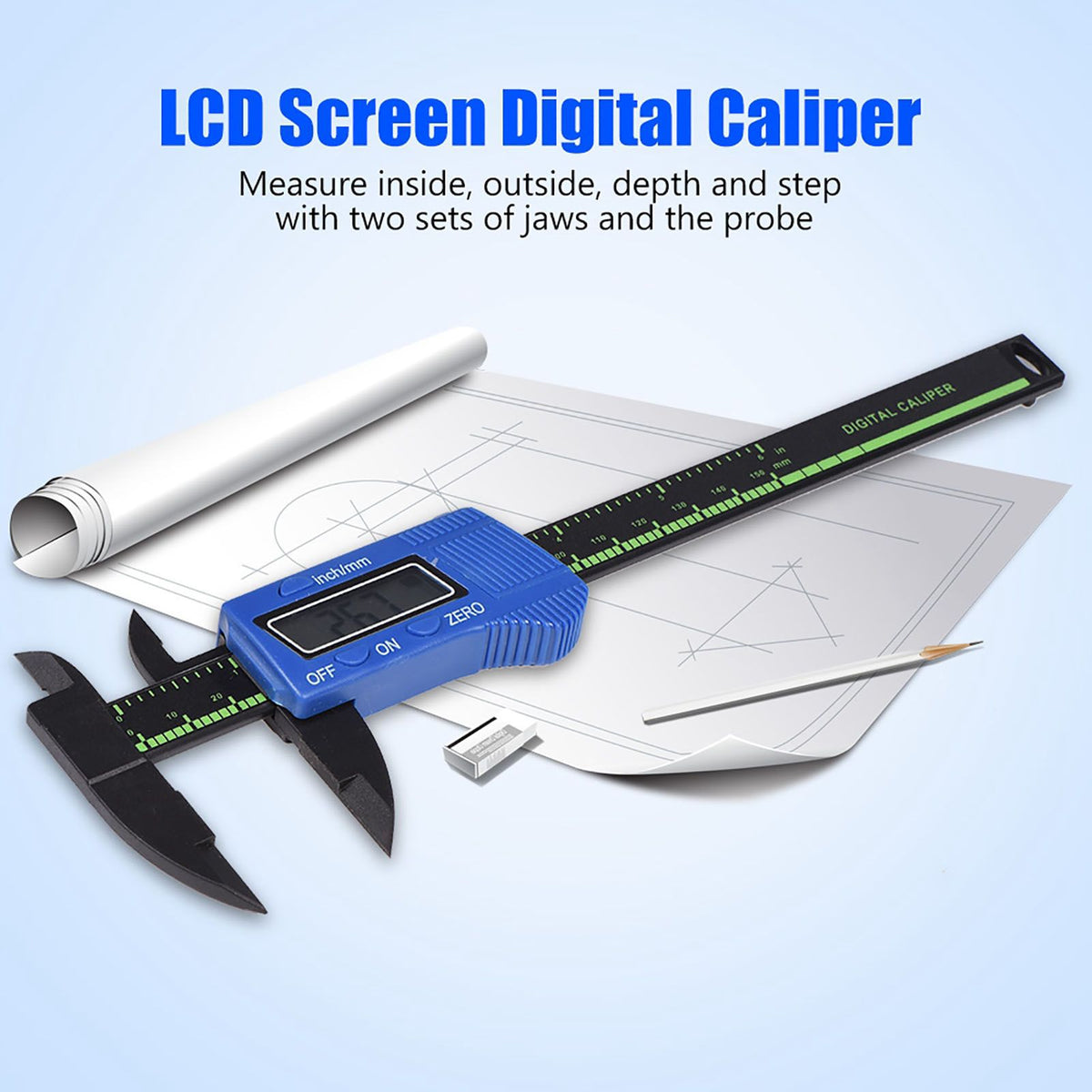Digital caliper with large LCD screen in blue, used for precise inside, outside, depth, and step measurements.
