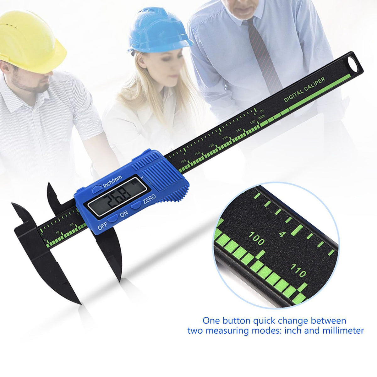 Digital caliper with large LCD screen by Everything Baby, measuring inside, outside, depth, and steps, blue safety tool.