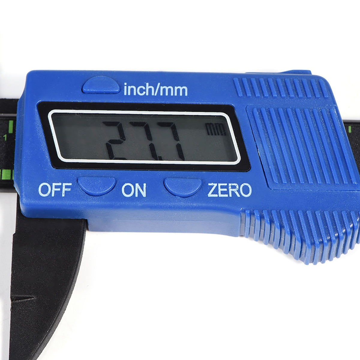 Digital caliper with large LCD screen for precise inside, outside, depth, and step measurements, featuring a blue body.