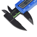 Digital caliper with large LCD screen in blue, used for precise measuring of inside, outside, and depth dimensions.