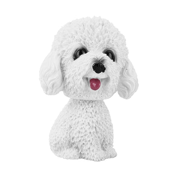 White dog-shaped bobble head decor for car interior, designed as a playful shaking head toy for dashboard ornament.
