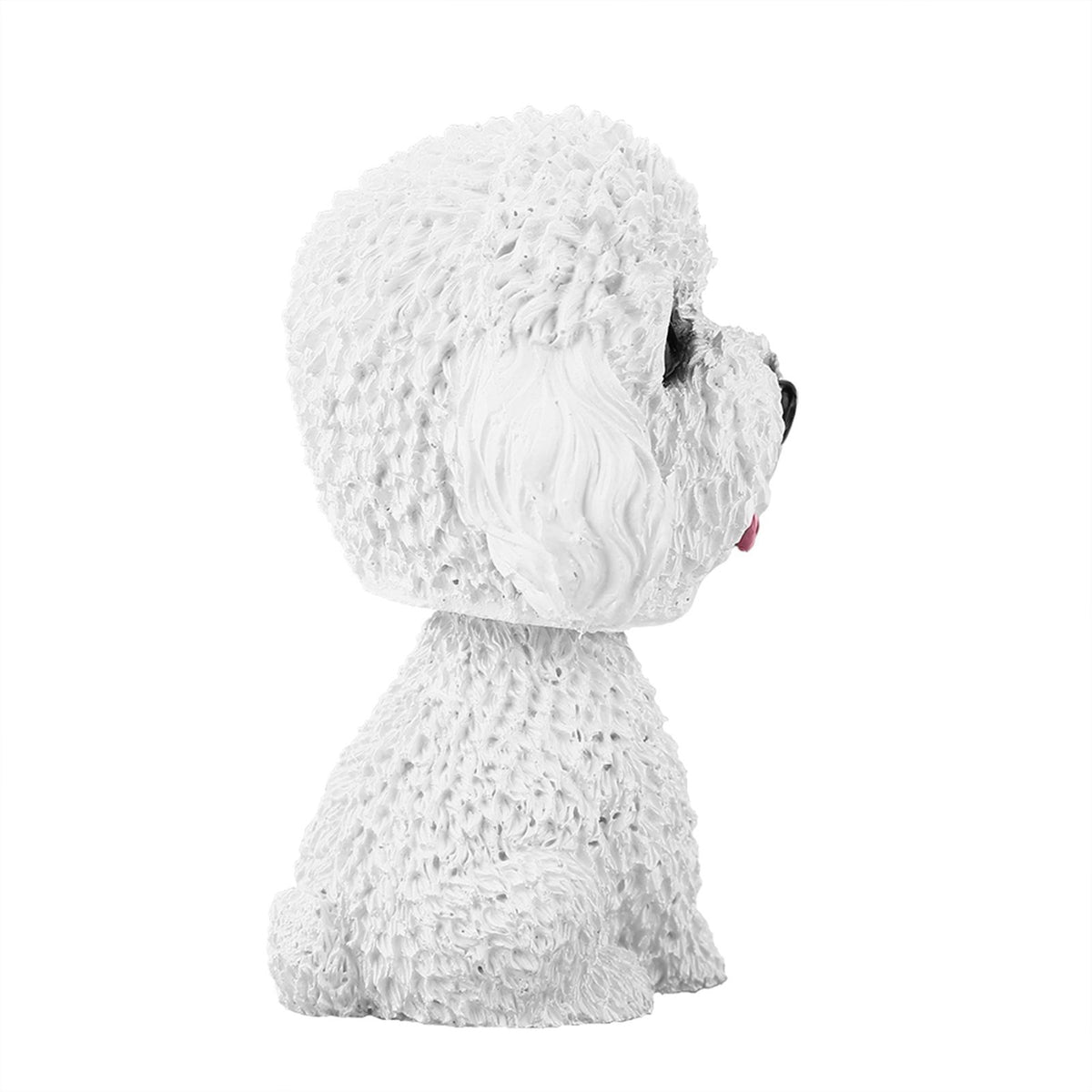 White simulation shaking head dog decor bobble head toy for car interior dashboard, suitable for kids' ride-on cars.