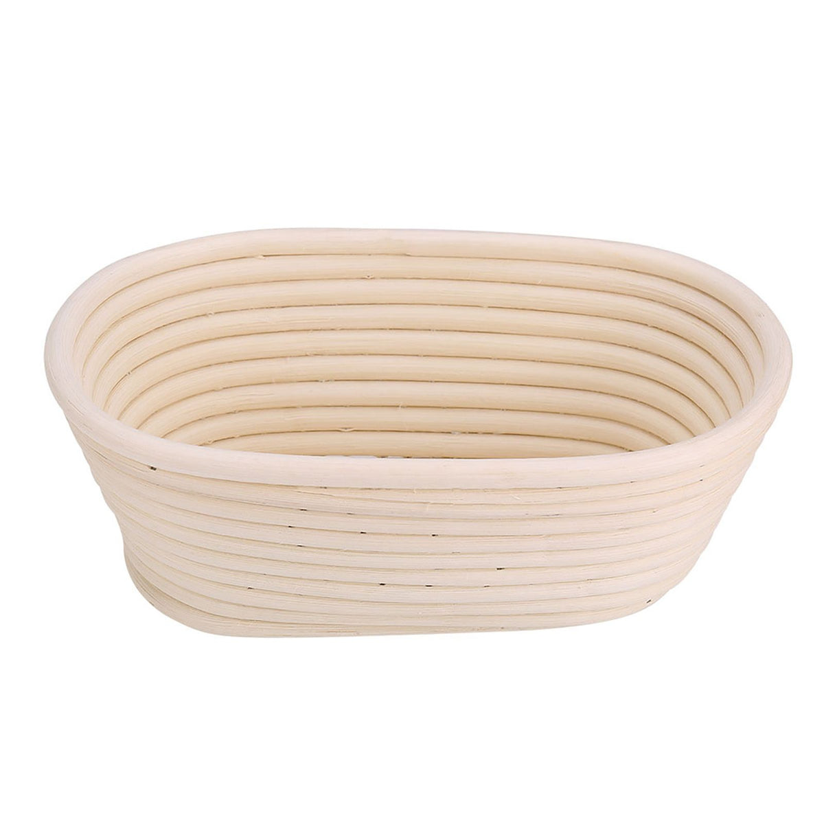 Handmade unbleached natural cane banneton proofing basket with wooden base for bread dough proofing, 21x13.5x8cm, designed for baking.