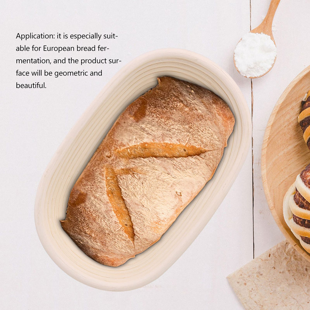 Handmade unbleached natural cane banneton proofing basket for bread dough, 21x13.5x8cm, ideal for bread baking.