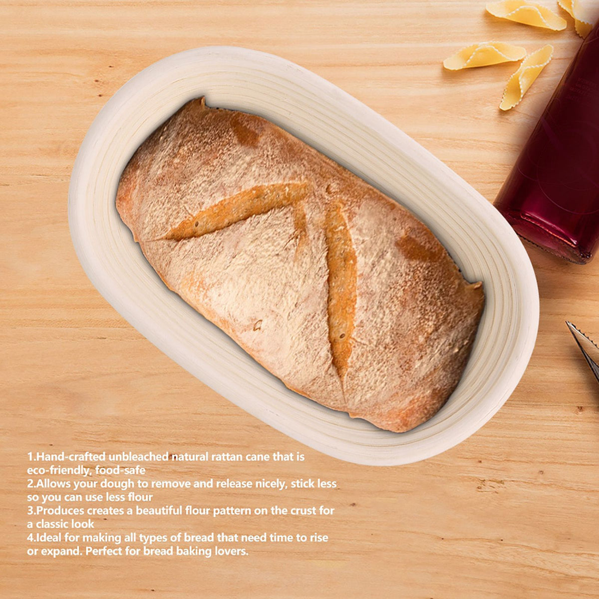 Handmade unbleached natural cane banneton proofing basket for bread dough, 21x13.5x8cm, ideal for bread baking and proofing.