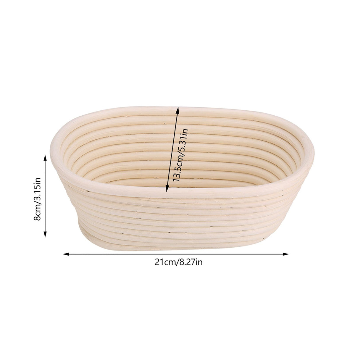 Handmade unbleached cane banneton proofing basket for bread baking, 21x13.5x8cm, suitable for artisanal dough proofing.
