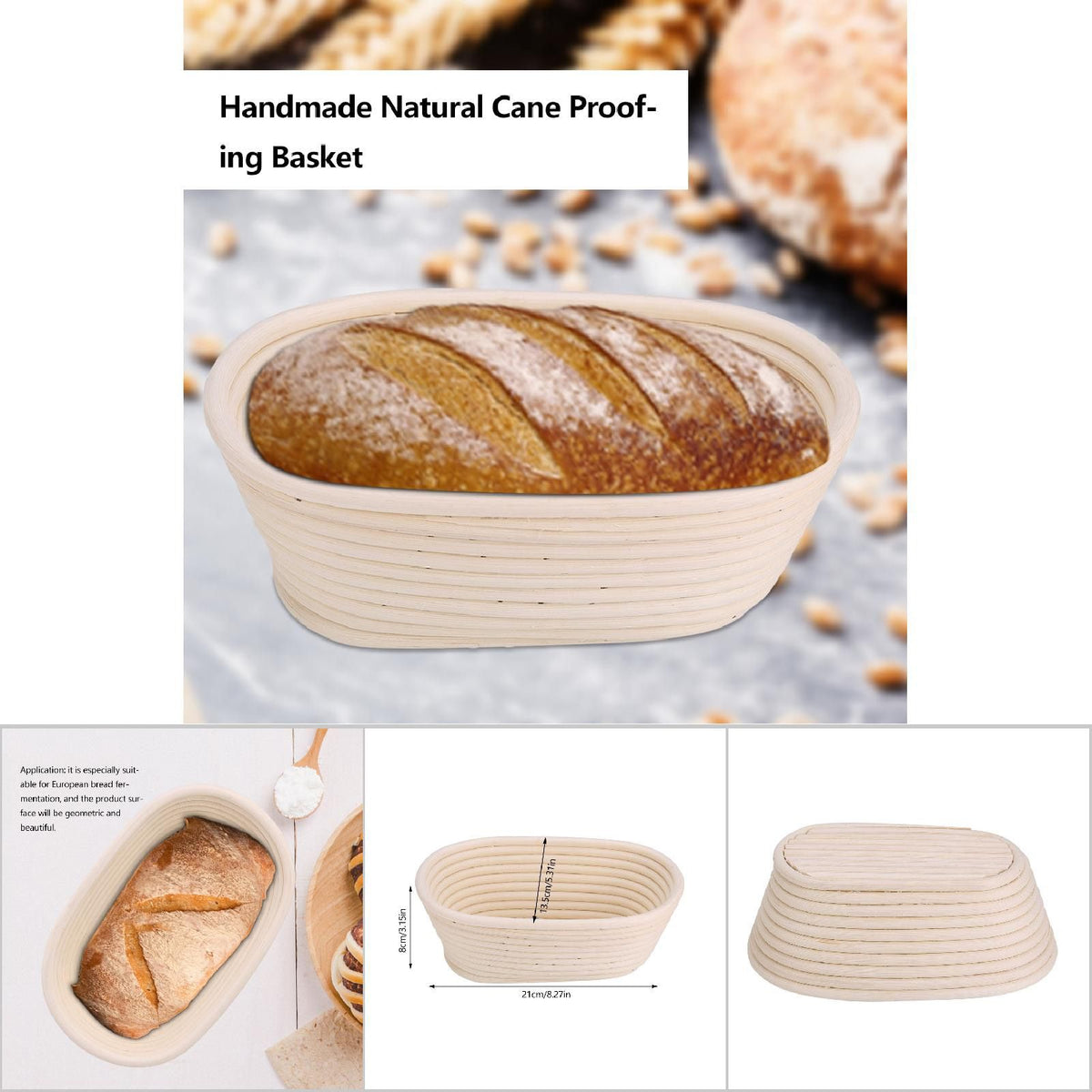 Handmade unbleached natural cane banneton proofing basket for bread dough, 21x13.5x8cm, ideal for bread baking.