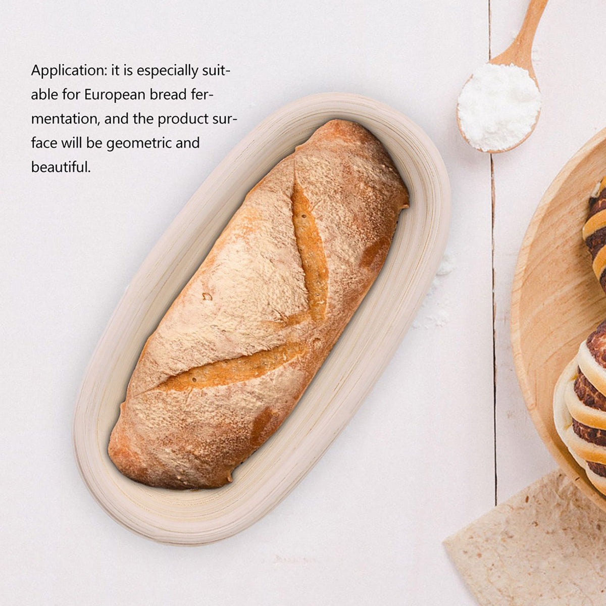 Handmade unbleached natural cane banneton proofing basket for bread dough, measuring 25x14.5x8cm, used for bread baking.