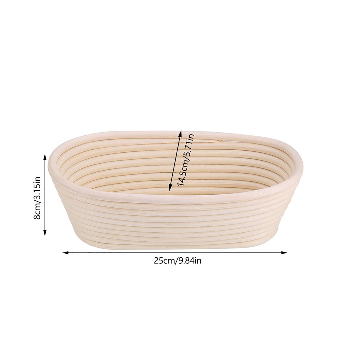 Handmade unbleached natural cane banneton proofing basket for bread baking, with dimensions 25x14.5x8cm, suitable for dough proofing.