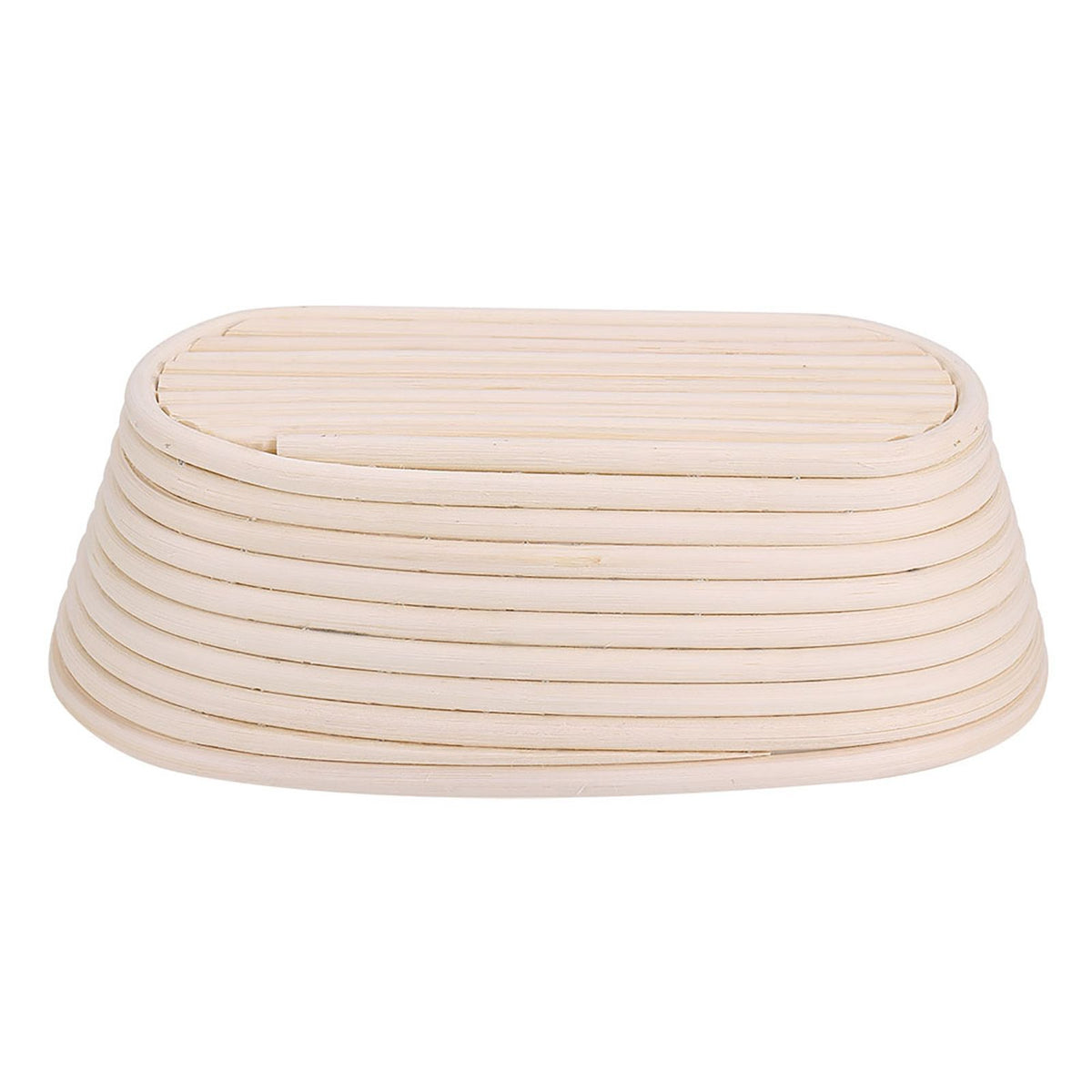 Handmade unbleached natural cane banneton proofing basket for dough and bread baking, with dimensions 25x14.5x8cm.