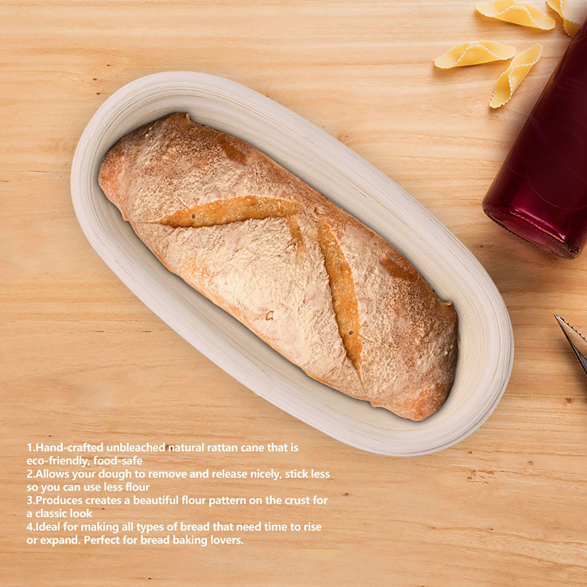 Handmade unbleached natural cane banneton proofing basket for bread dough, 27.5x14x8cm, used for bread baking.