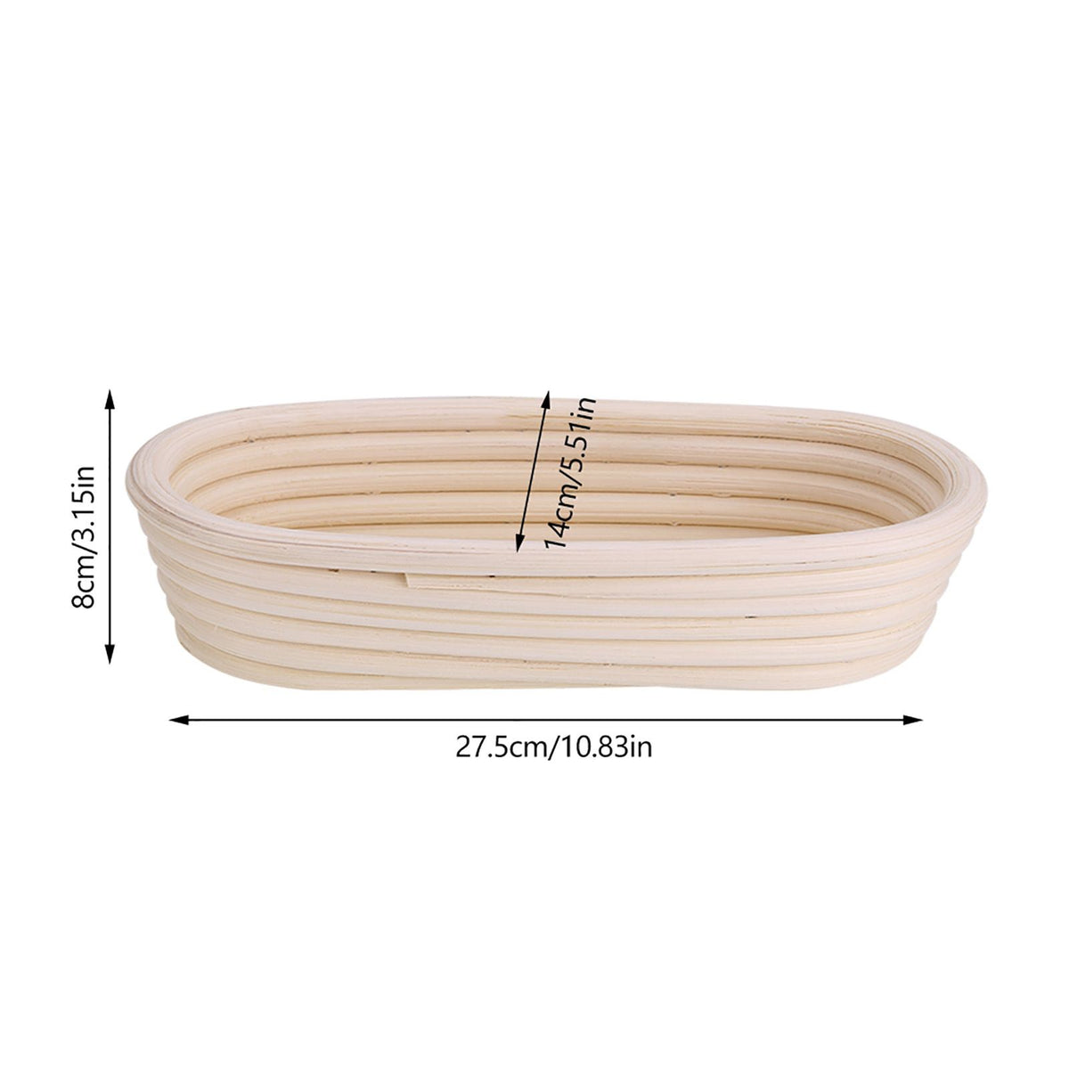 Handmade unbleached natural cane banneton proofing basket for bread dough, 27.5x14x8cm, suitable for bread baking.