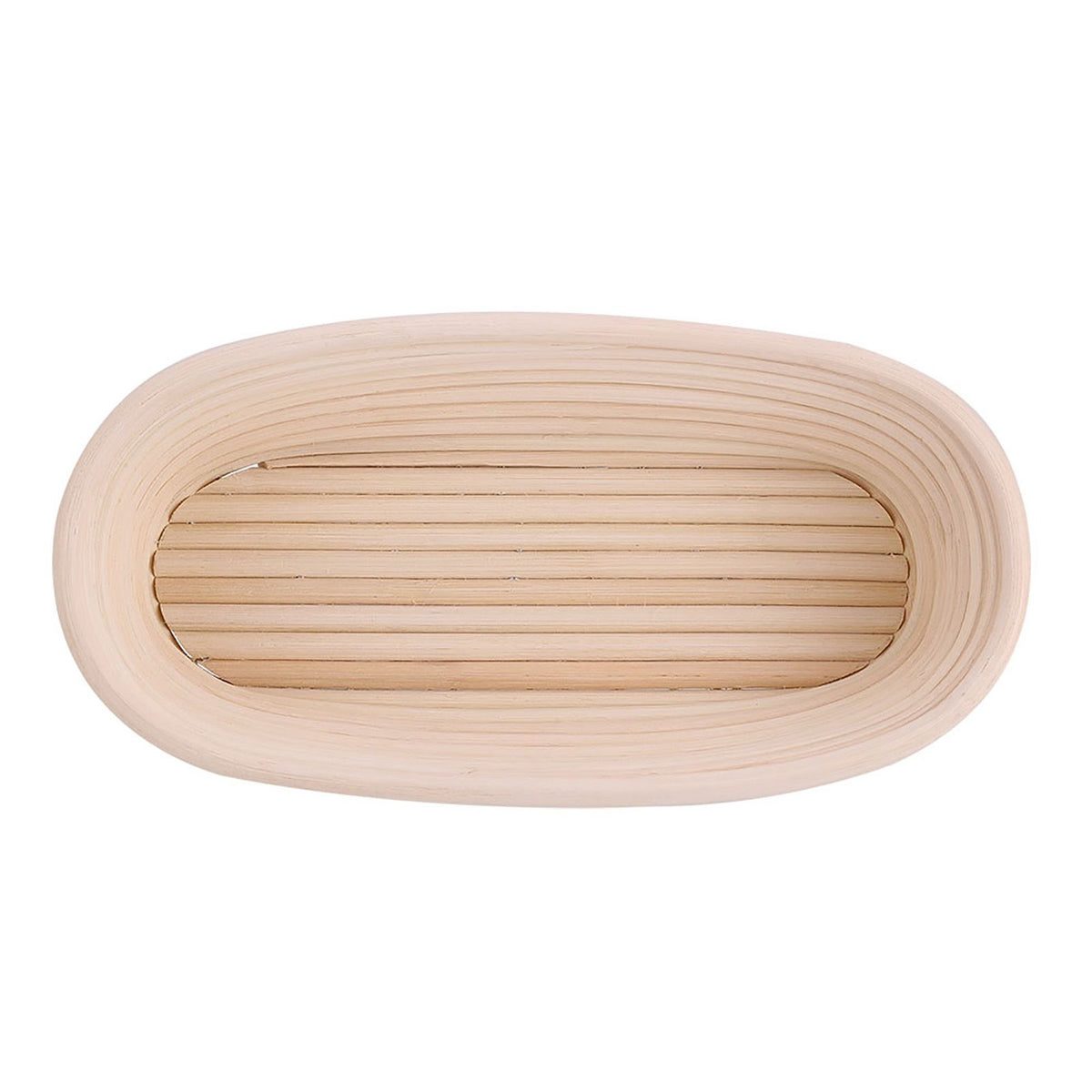 Handmade unbleached natural cane banneton proofing basket for bread dough, 27.5x14x8cm, used for bread baking.