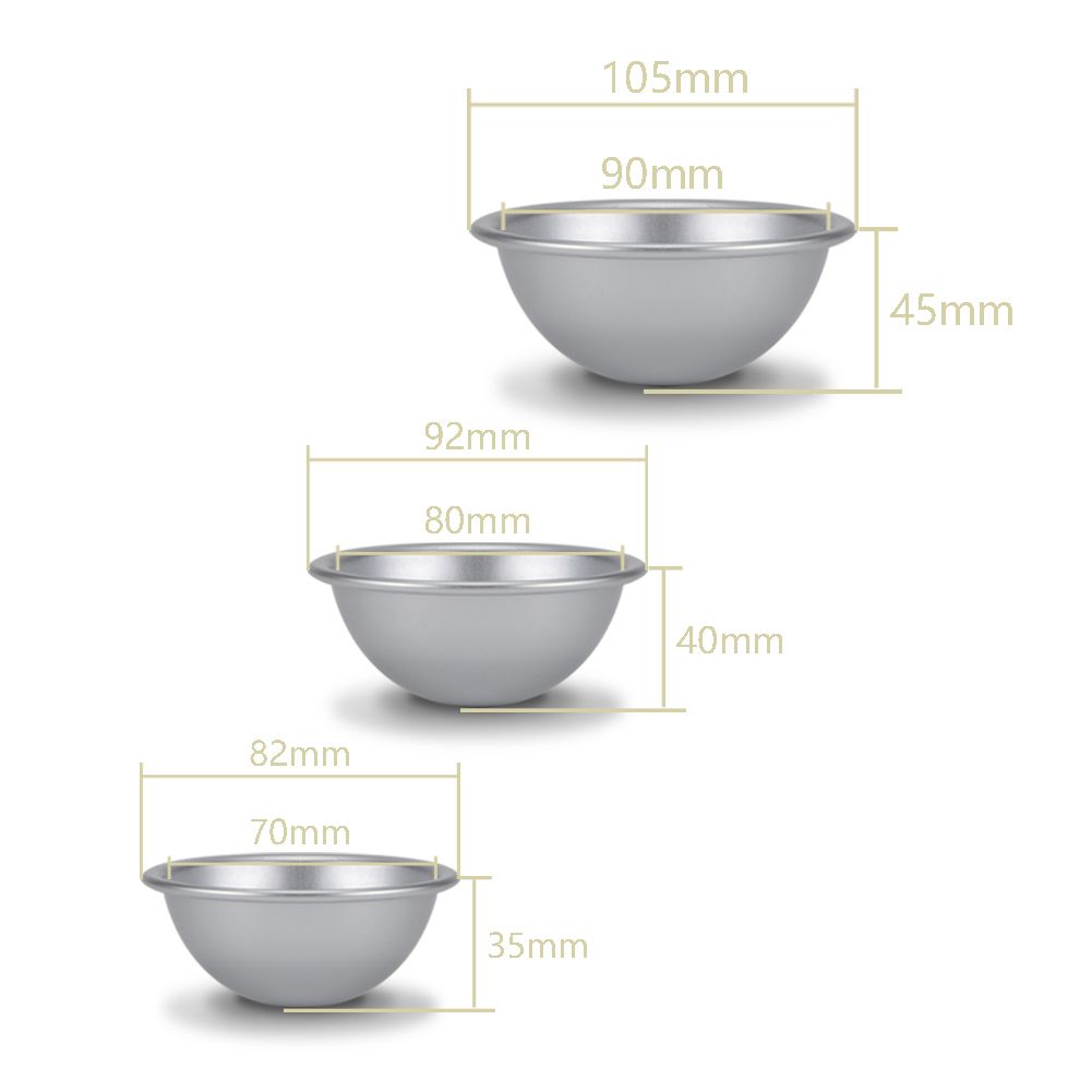 Aluminum 9cm semicircle mold for baking and dessert shaping, perfect for chiffon cakes, pudding, and creative baking projects.