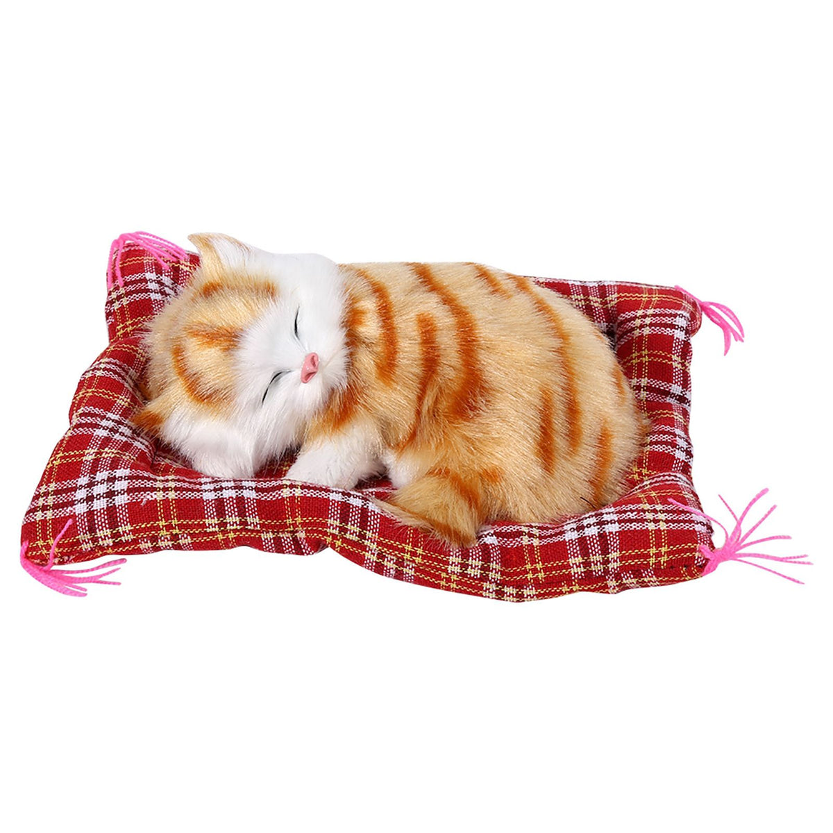 Yellow plush sleeping kitten toy with simulated sound, perfect for pretend play and Christmas gift for kids.