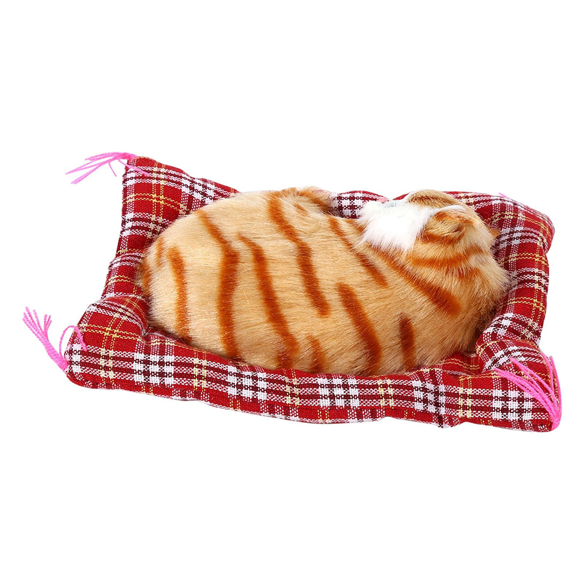 Yellow plush sleeping kitten toy with sound, perfect for pretend play, from Everything Baby, ideal for kids' Christmas gift.