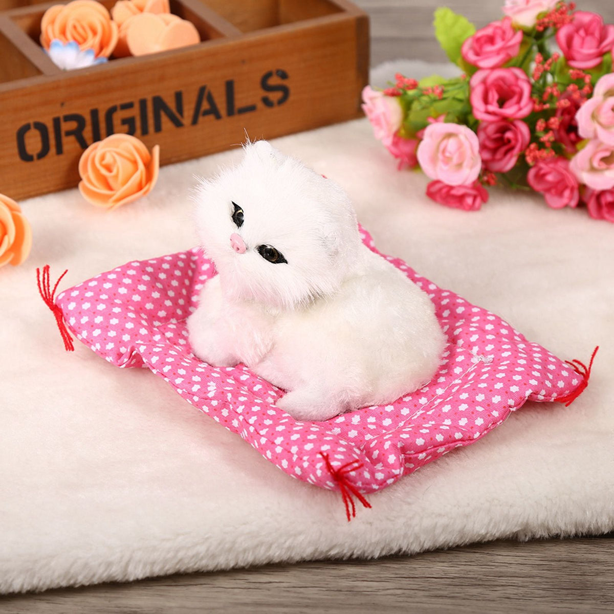 White plush sitting kitten toy with realistic sound, perfect for pretend play and Christmas gift for children from Everything Baby.