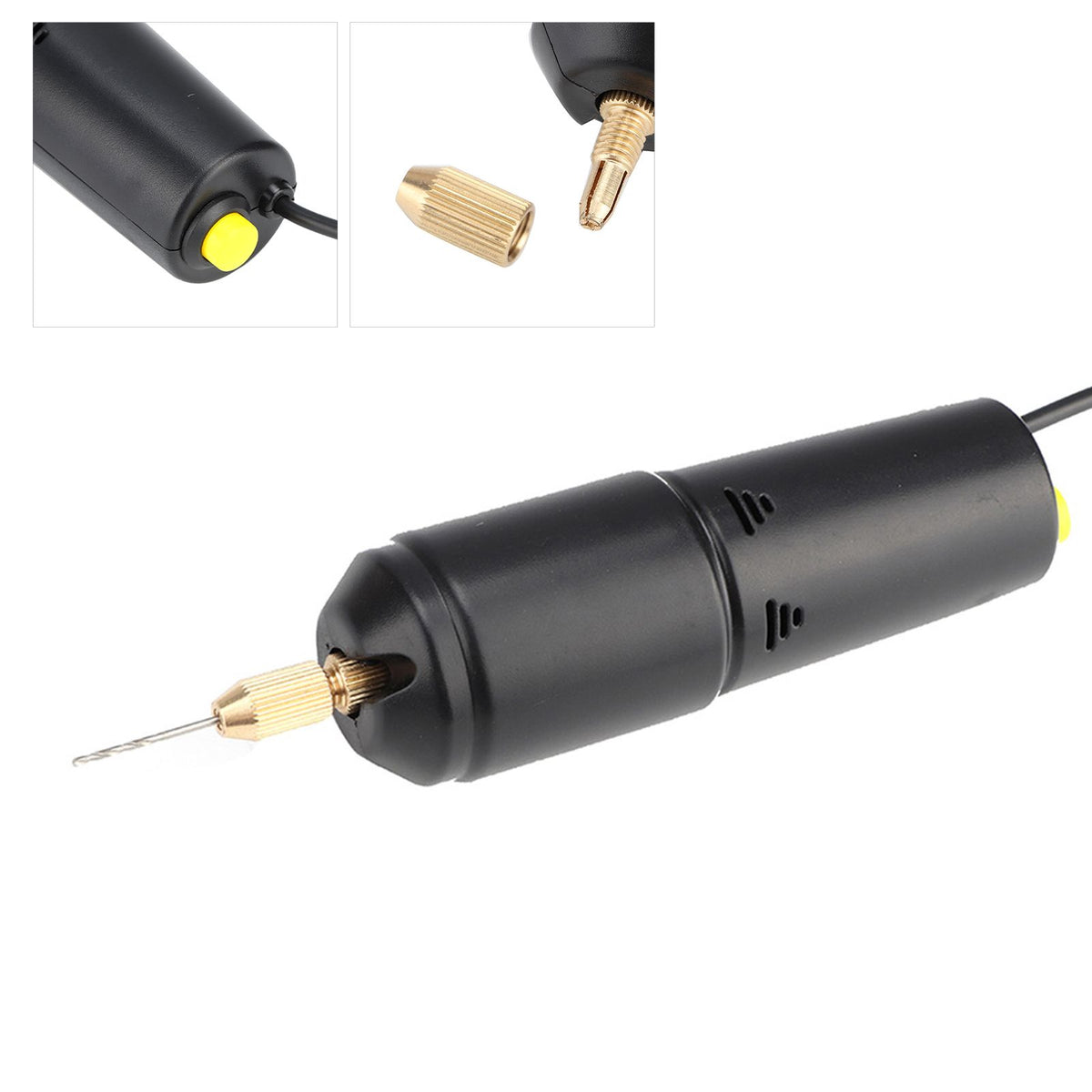 Portable mini electric drill with 3 bits, handheld micro USB-powered toy drill for kids, suitable for outdoor play.