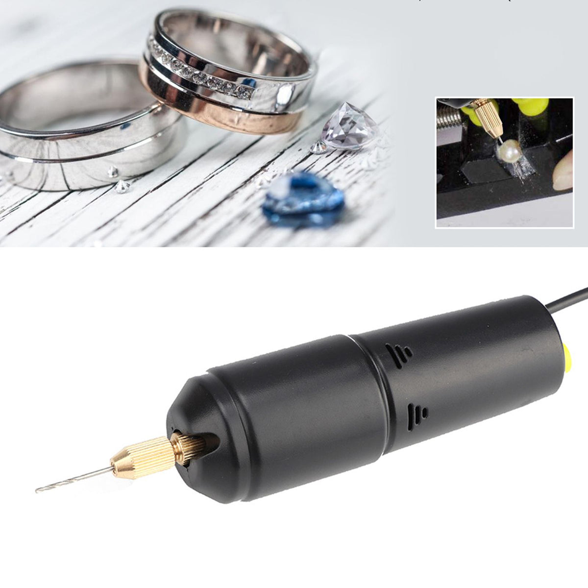 Portable mini electric drill by Everything Baby with micro USB charging, includes 3 drill bits, ideal for kids' outdoor toy play equipment.