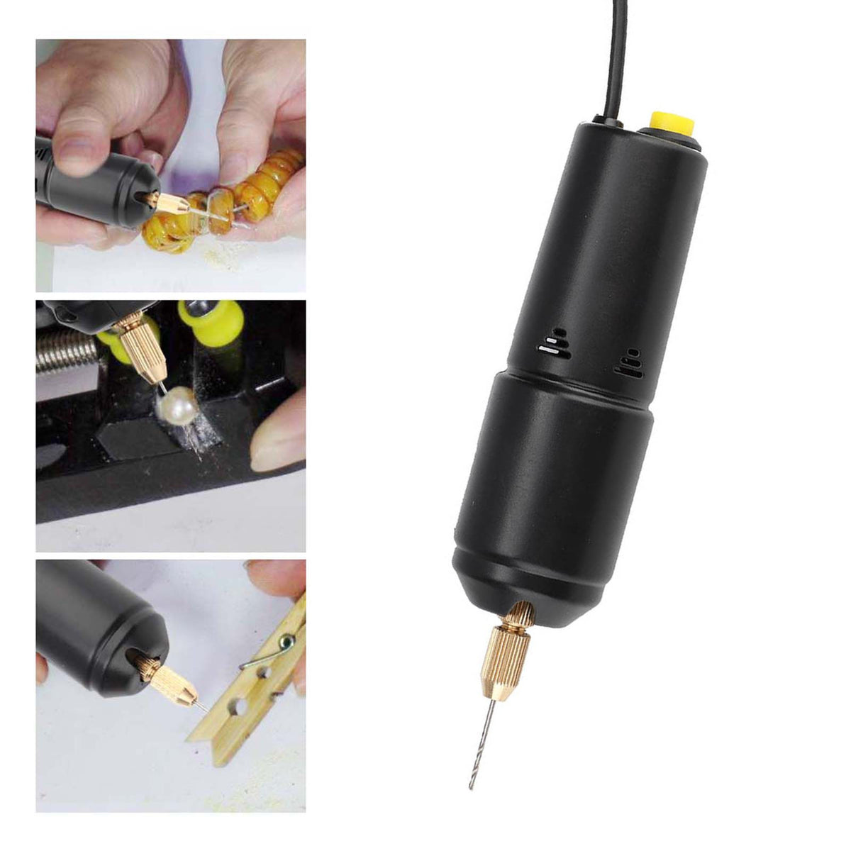 Portable mini electric handheld drill with three bits, USB-powered for kids' outdoor play and DIY activities.