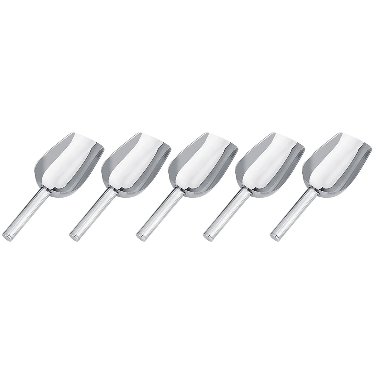 Set of five stainless steel Sweet Scoops for candy buffet, ideal for home or wedding dessert displays, by Everything Baby.