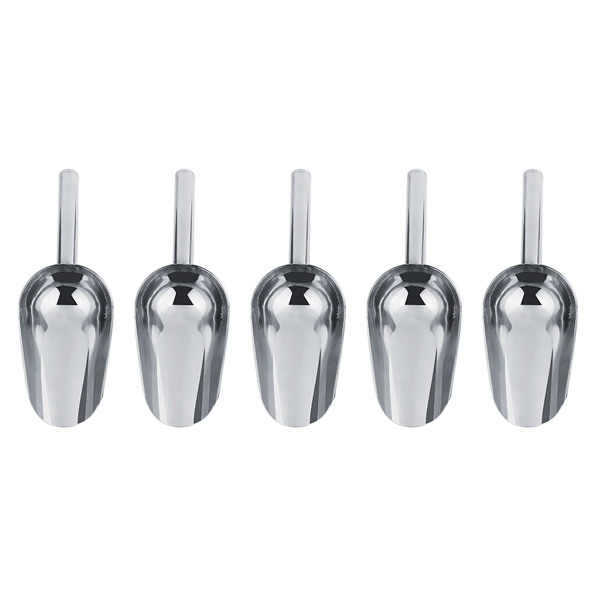 Set of five stainless steel Sweet Scoops for candy buffet, ideal for baby and kids nursing and feeding displays.