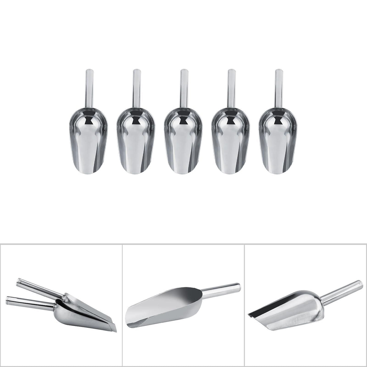Set of 5 stainless steel candy scoops from Sweet Scoops, ideal for wedding candy buffets and kitchen use, by Everything Baby.