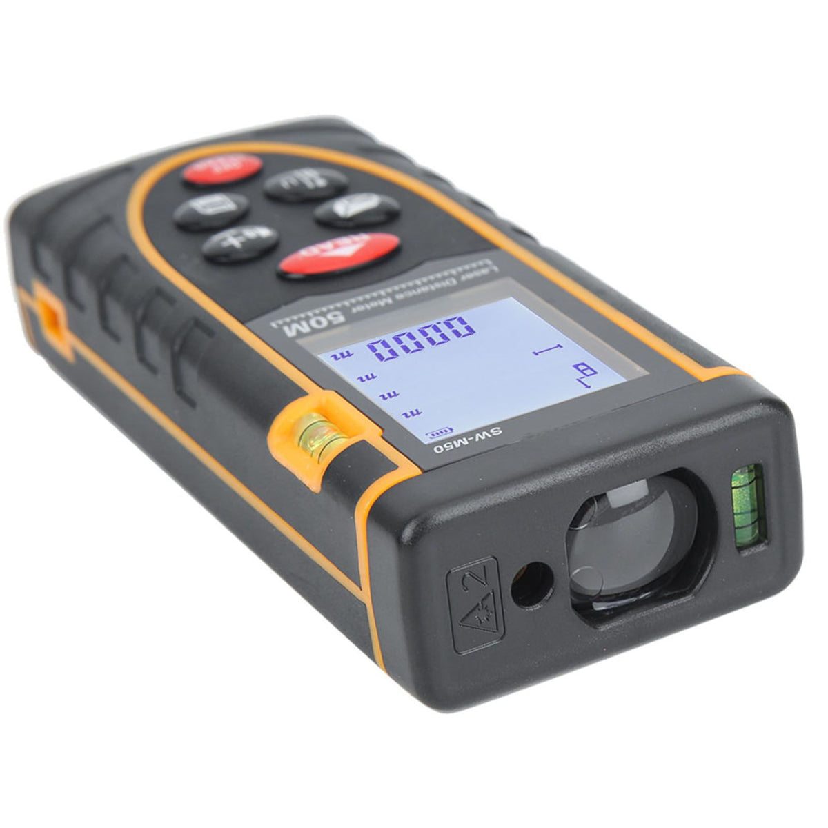 Handheld digital laser distance meter by Everything Baby measuring length and volume up to 40m, used for outdoor play equipment.
