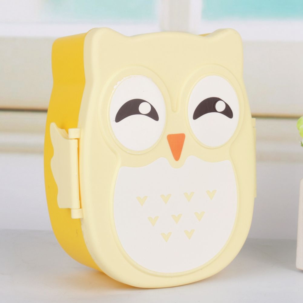 Plastic cartoon owl lunch box for kids, food-safe microwave storage container featuring playful owl design for pretend play.