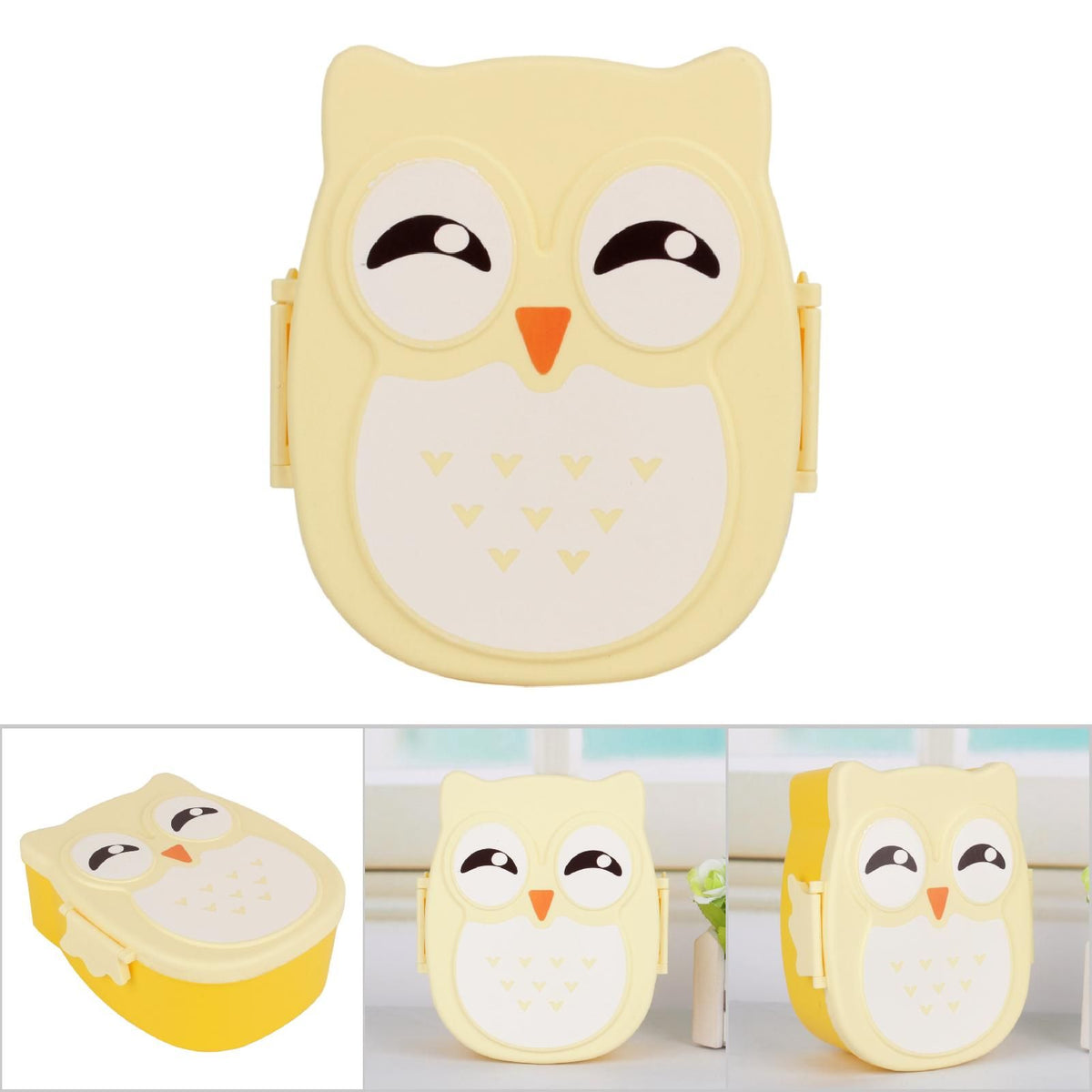 Plastic portable cartoon owl lunch box for kids, food-safe microwave storage container with colorful owl design for pretend play.
