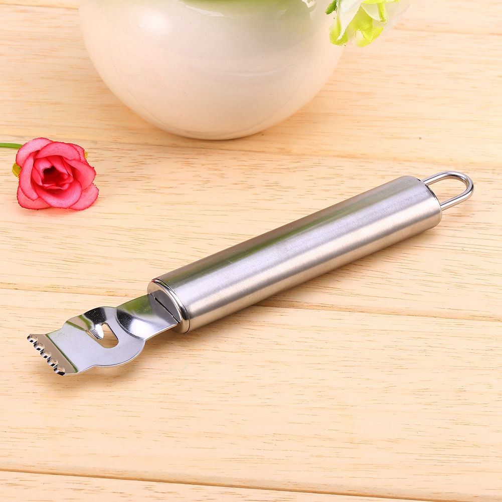 Stainless steel lemon lime orange peeler and citrus zester with ergonomic handle, designed for easy fruit peeling and zesting.