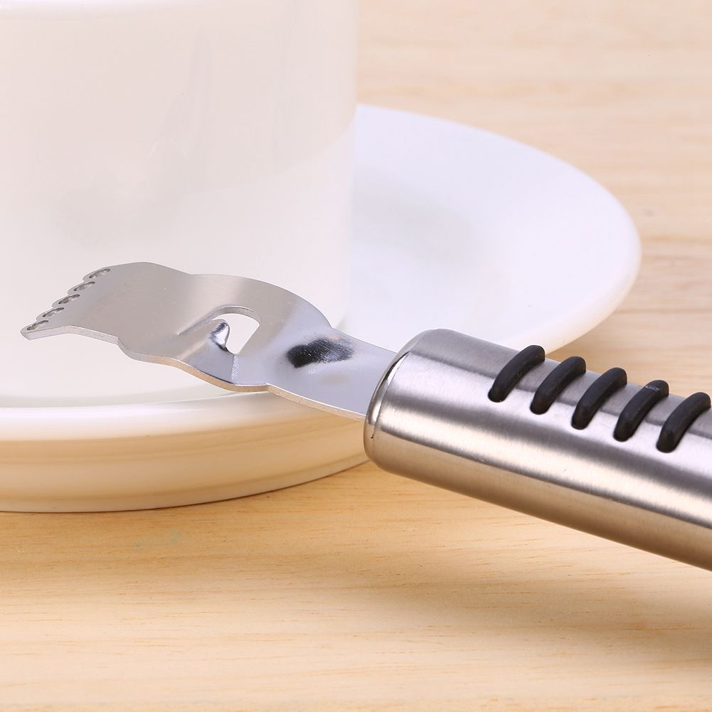 Stainless steel lemon lime orange peeler and citrus zester for babies and kids, by Everything Baby, with ergonomic handle and textured scraper.