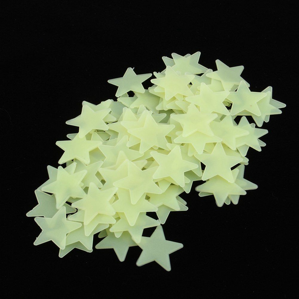Set of 100 glow-in-the-dark star stickers for nursery walls, ideal for kids' pretend play and decorating baby and child's bedrooms.