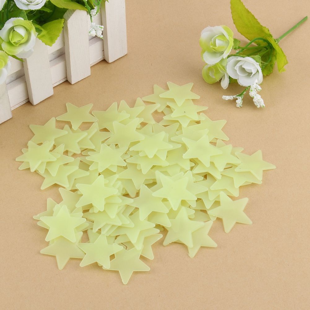 Set of 100 glow-in-the-dark star stickers for nursery walls, perfect for kids' pretend play and decorating bedrooms.