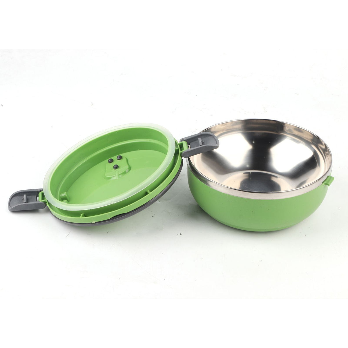 Round stainless steel lunch box with one layer, durable and compact, ideal for kids' nursing and feeding, by Everything Baby.