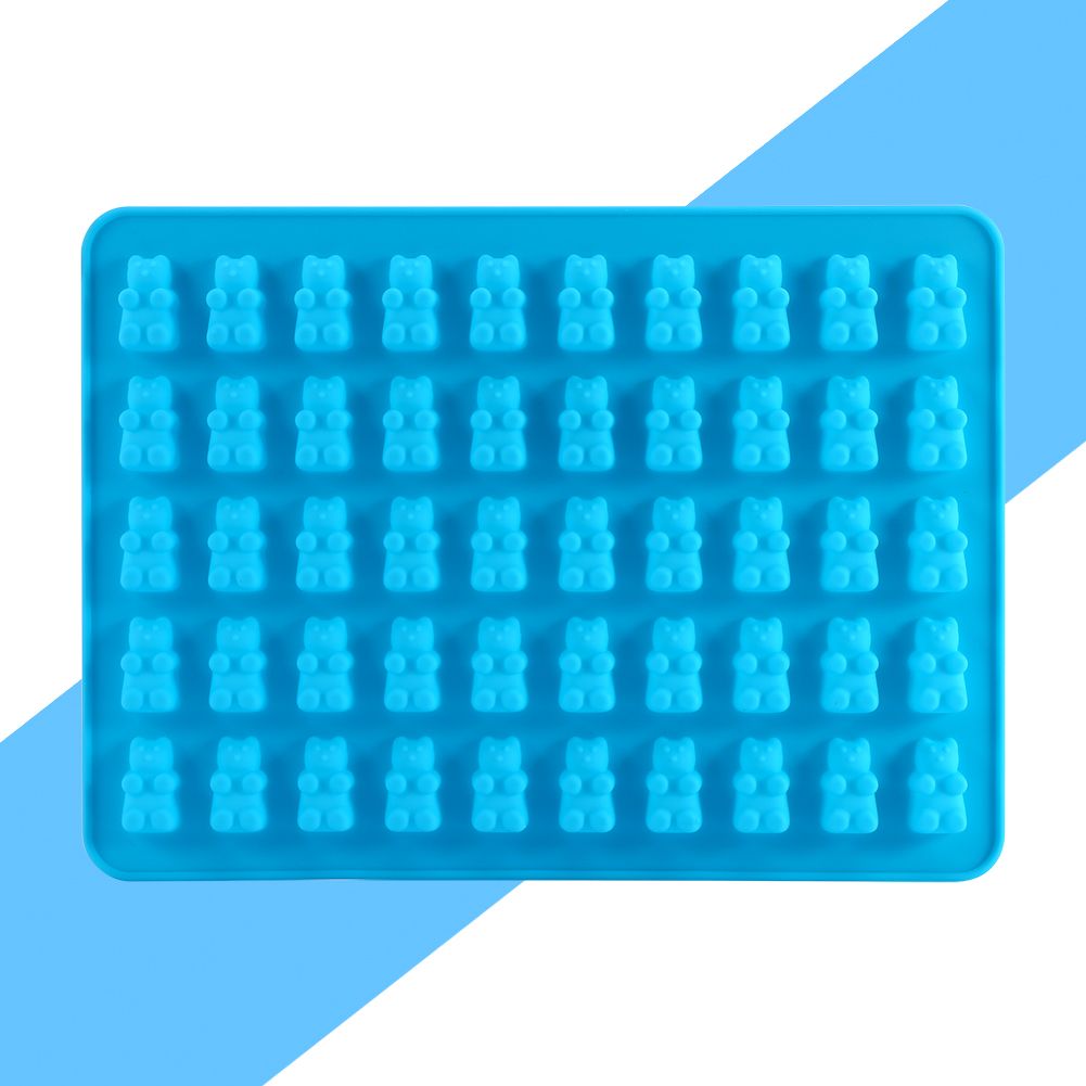 Silicone bear-shaped gummy maker tray for candies, chocolates, and ice, featuring 50 cavities for fun baby and kids treats