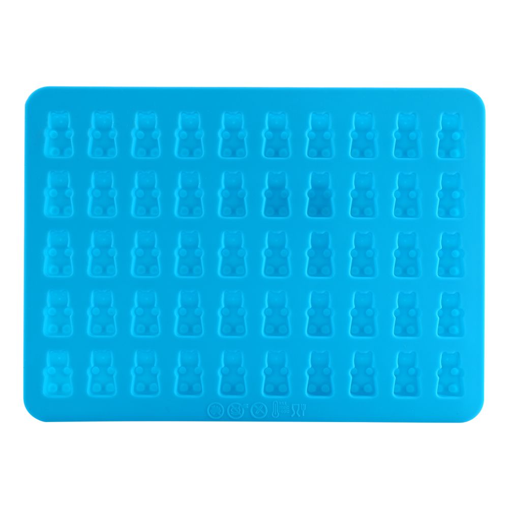 Silicone bear-shaped gummy maker mold for candies, chocolates, and ice, designed for baby and kids feeding activities.