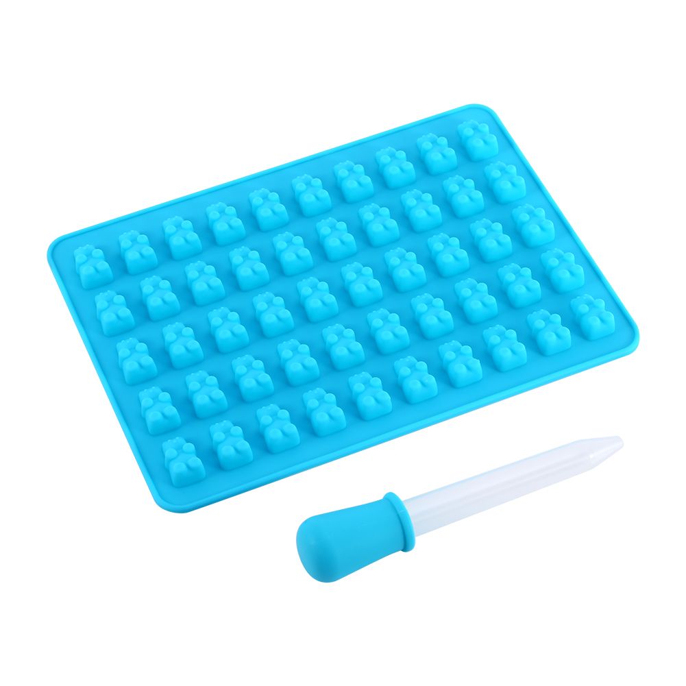 Silicone gummy bear mold tray for making candy, chocolate, or ice with cavity shapes, ideal for kids and baby feeding fun.