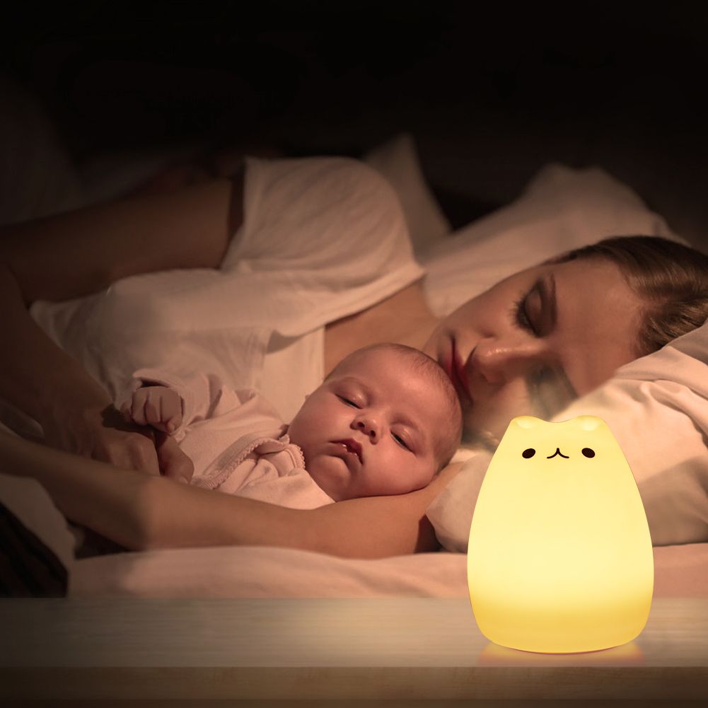Cute EECOO cat night light for kids, soft silicone design with tap control, ideal for baby and kids' pretend play and bedtime comfort.