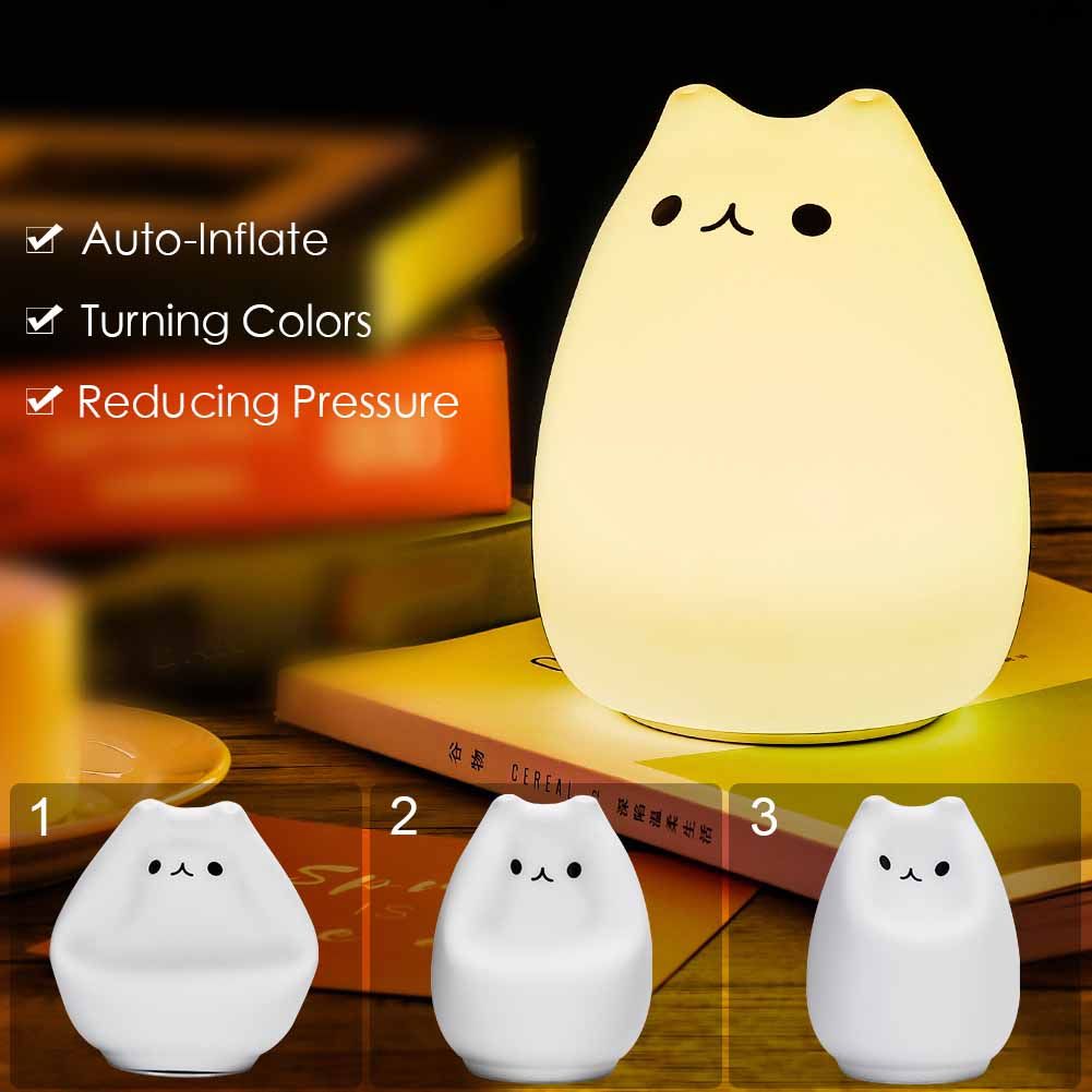 Cute EECOO cat night light for children, soft silicone lamp with tap control, ideal for kids' pretend play and bedtime comfort.