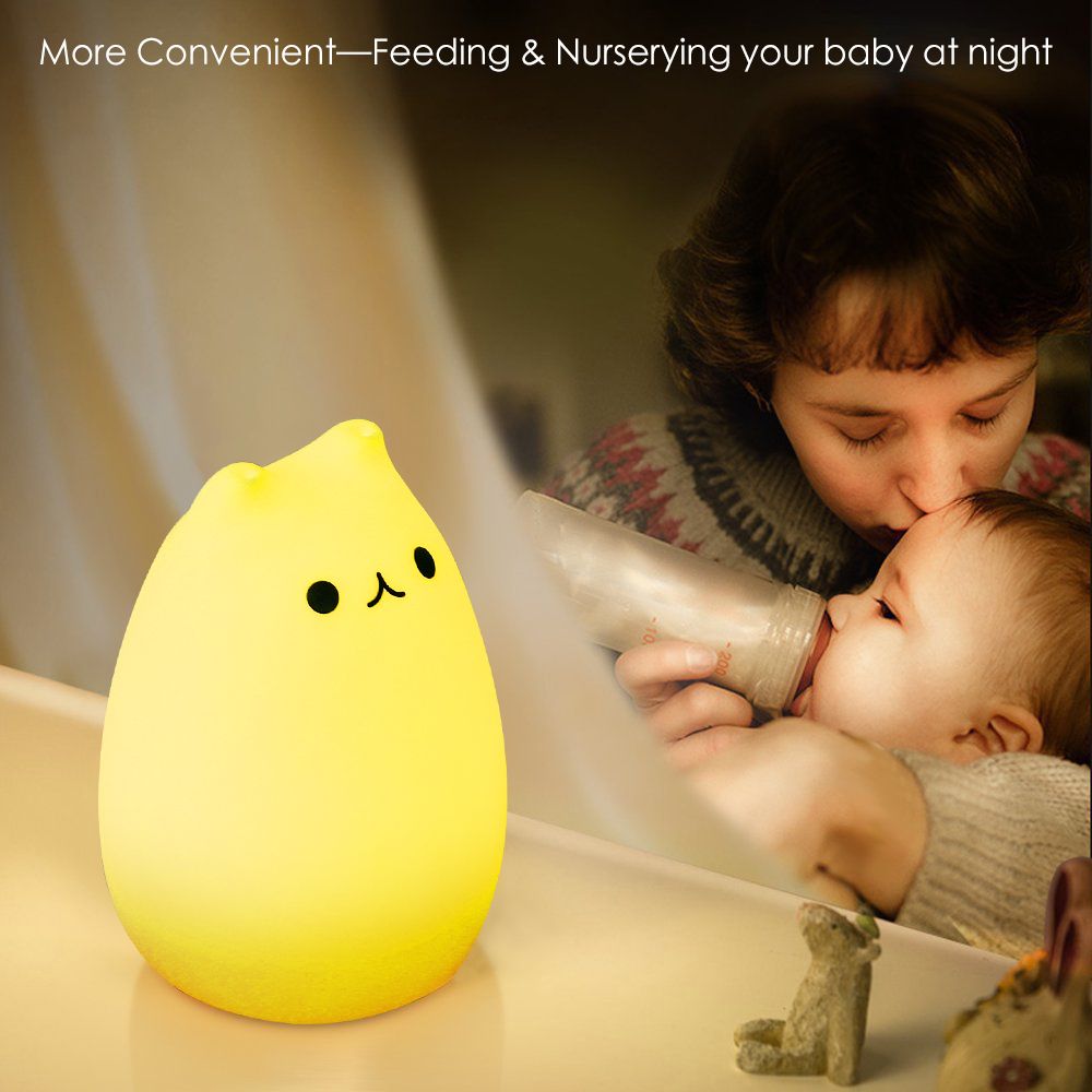 Cute EECOO cat-shaped night light for kids, soft silicone with tap control, ideal for baby and pretend play illumination.