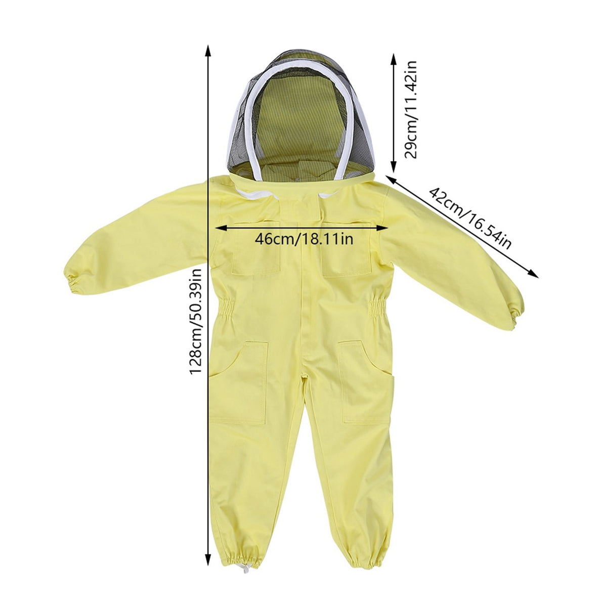 Child in beige beekeeping protective suit with hood and gloves, standing outdoors in a garden setting.