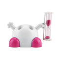 Pink children's toothbrush holder with hourglass timer for 3-minute countdown, part of baby and kids grooming kits.