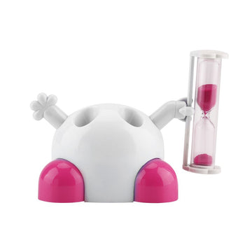 Pink children's toothbrush holder with hourglass timer for 3-minute countdown, part of baby and kids grooming kits.
