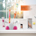 Pink children's toothbrush holder with hourglass timer for 3-minute countdown, part of baby and kids grooming kits.